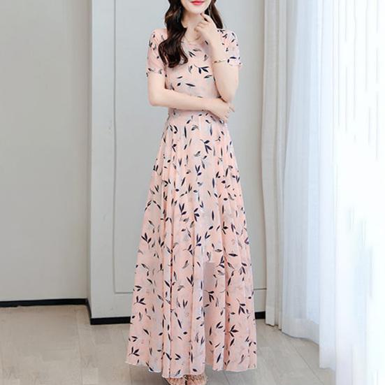 Kvinners Sommer Chiffon Flytende Maxi Kjole Casual A-linje Kort Erm Crew Neck Lang Kjole Blomstret Boho Strand Sommerkjole