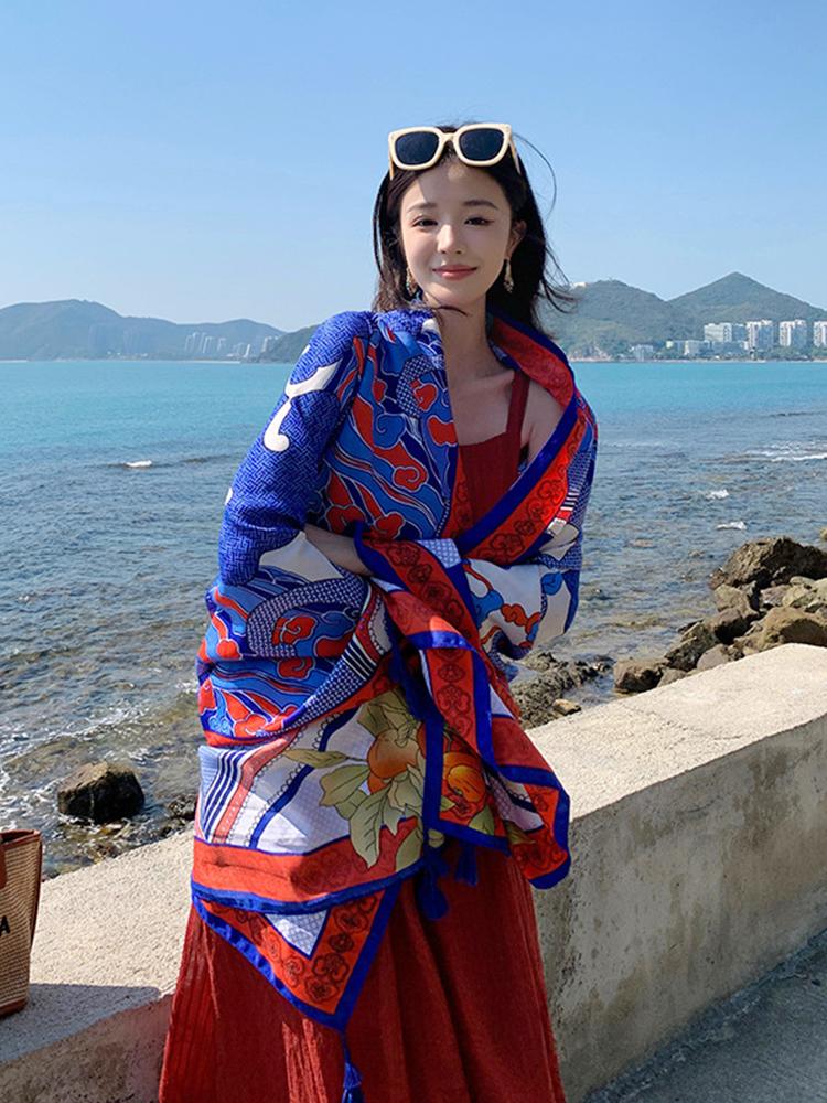 Summer Fashion Elegant Women Silk Scarf Beach Wrap Shawl Print Sunscreen Bandana Hijab Mujer Bohemian Musulman Long Scarve Pareo