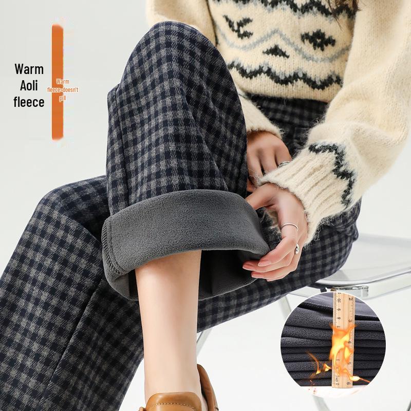Zhengzhou Women's High Waist Retro Plaid Pants: Autumn/Winter Loose Slim Fit, Straight/Wide Leg, Fleece 2697.