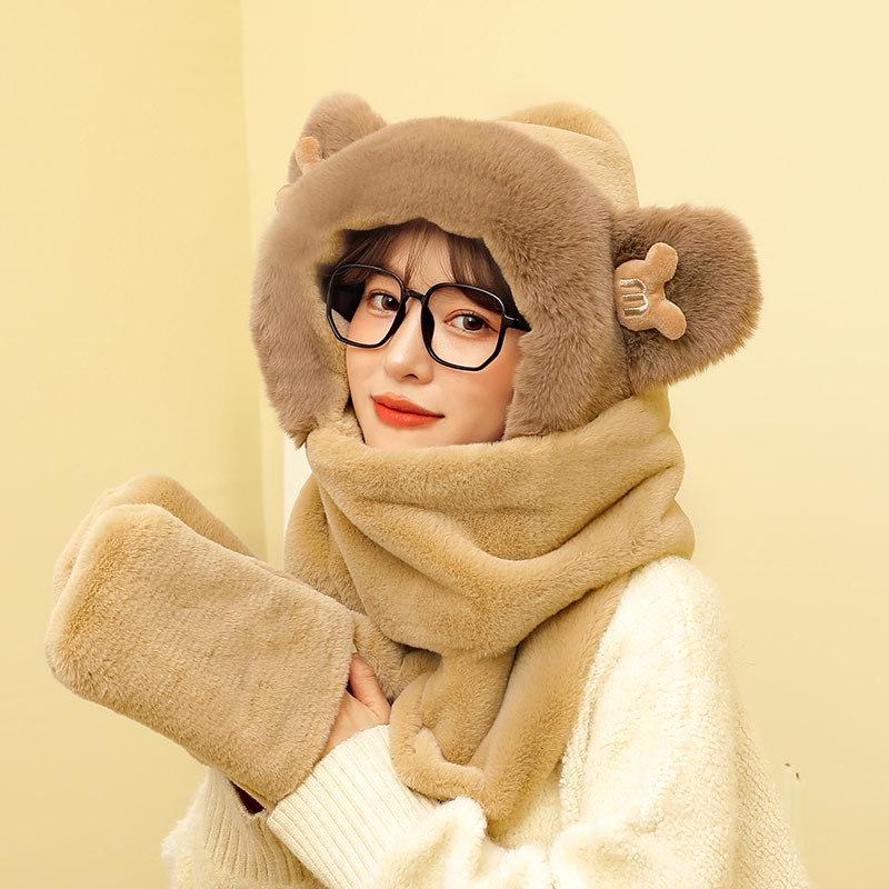 Women's Cozy Fox Ear Plush Hat with Integrated Scarf - Warm, Soft Lei Feng Design for Autumn and Winter. Perfect Ear Protection for Students.