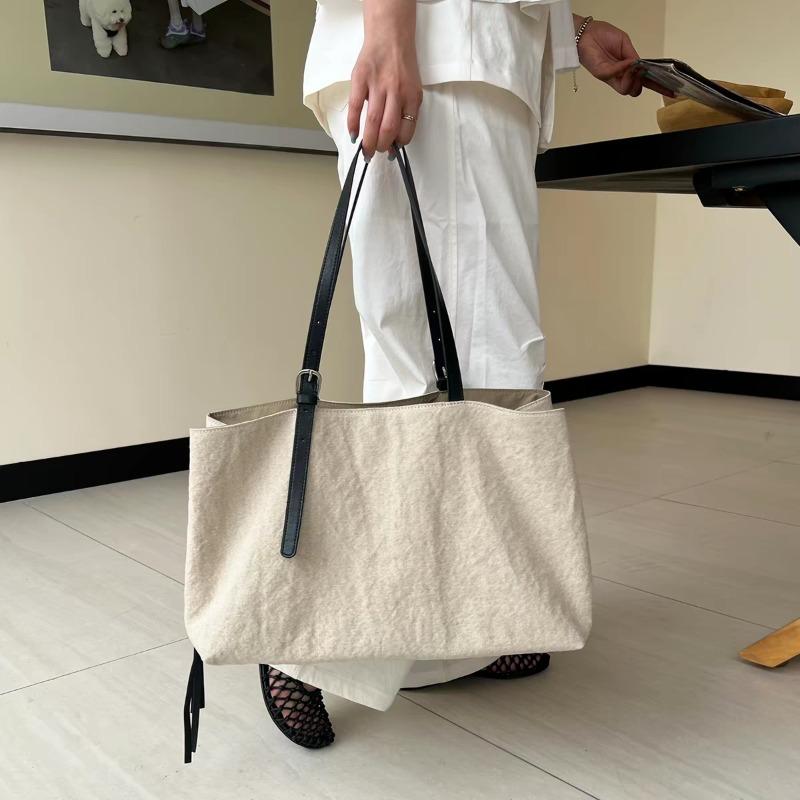 

Tote bag New spring and summer linen with soft leather shoulder bag Casual versatile women s bag Commuter fitness large-capacity bag