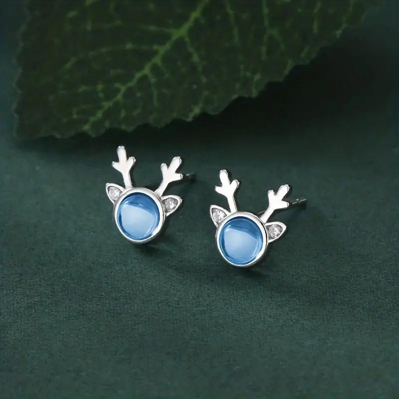 Silver Plated Blue Crystal Reindeer Stud Earrings, Cute Antler Animal Earrings for Women