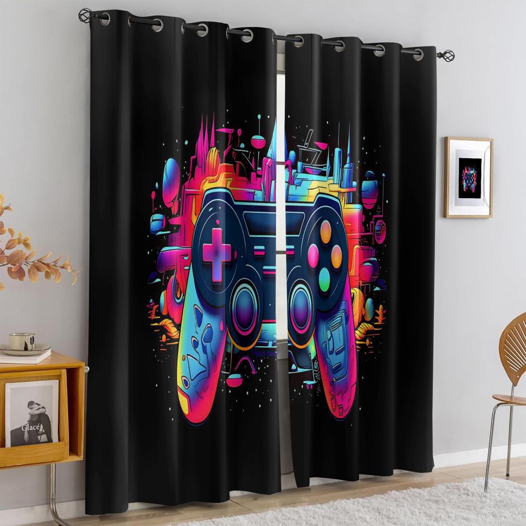 Rainbow Neon Cyberpunk City Gamepad Full Print Curtain Set Dark Base Futuristic Tech Gaming Blackout Curtains For Teen Boys