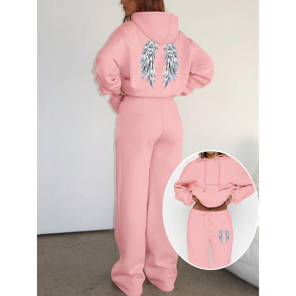 Casual Women's Suit with Interesting Printed Patterns, Fashionable Hooded Sweatshirt and Wide Leg Pants Set