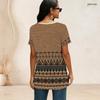 Women Plus Size Ethnic Printed V Neck Ring Zip Short Sleeve Loose Curved Hem Shirt