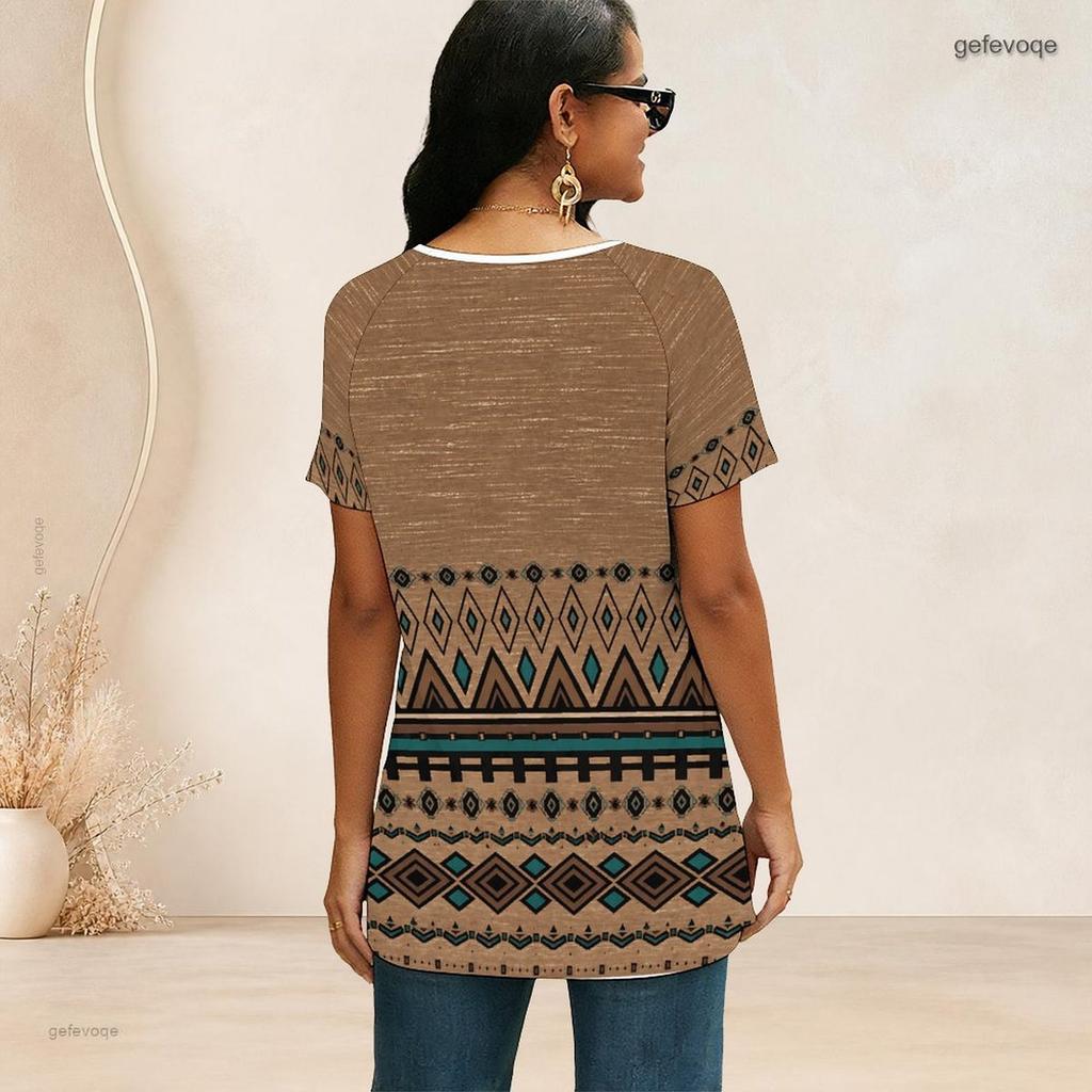 Women Plus Size Ethnic Printed V Neck Ring Zip Short Sleeve Loose Curved Hem Shirt