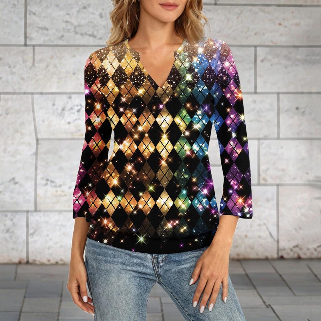 Women's 3/4 Sleeve Top With Cuffed Hem, V-Neck, Summer Casual -Shirt, Carnival Printed Top