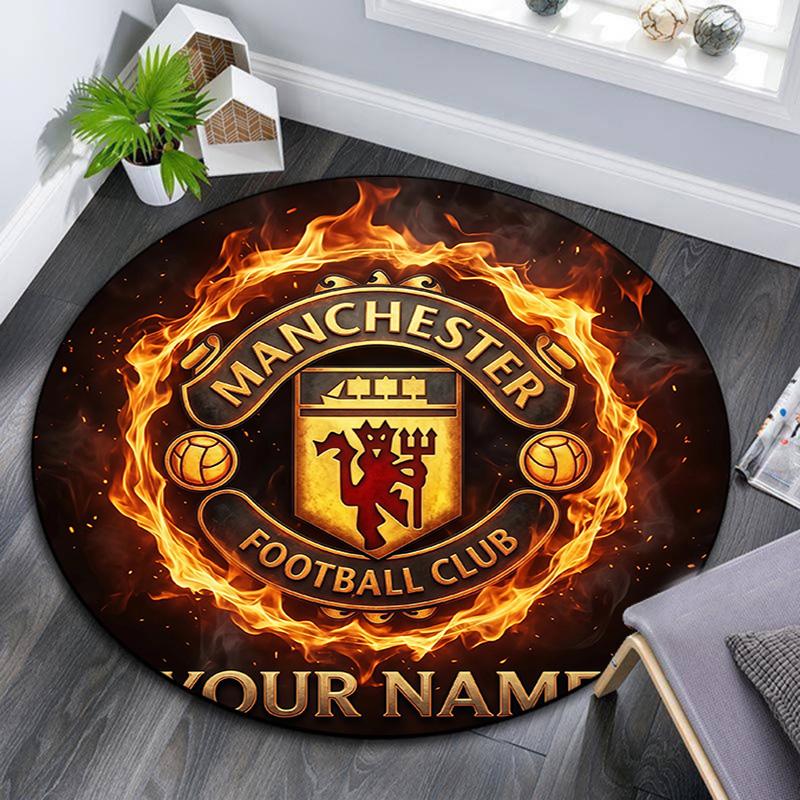 Custom Name Manchester United Round Area Rug,Carpet Rug for Living Room Bedroom Sofa Playroom Decor,Non-slip Floor Mat