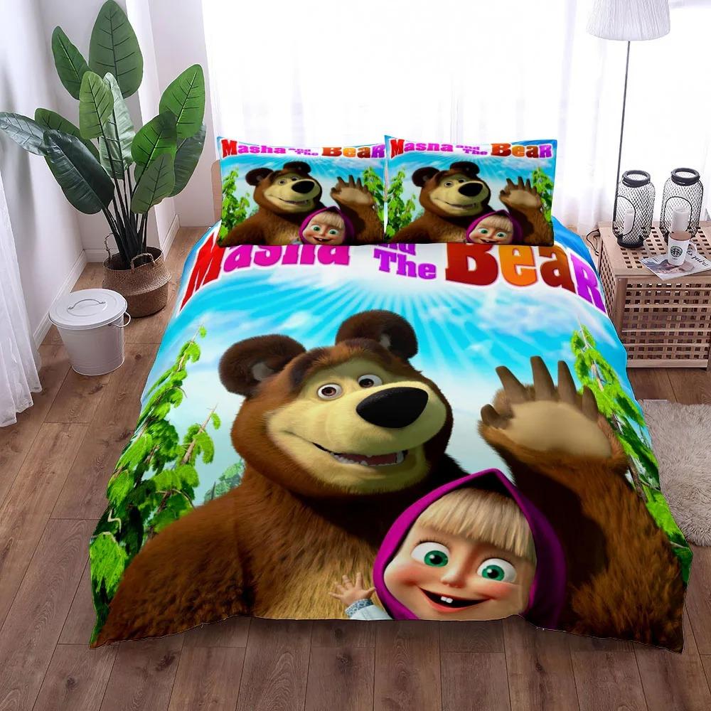 

Дитячий набір постільної білизни з мультфільмом Маша, комплект з підодіяльником без простирадла, розміри King, Queen, Double, Full, Twin, Single US Full 200x230cm
