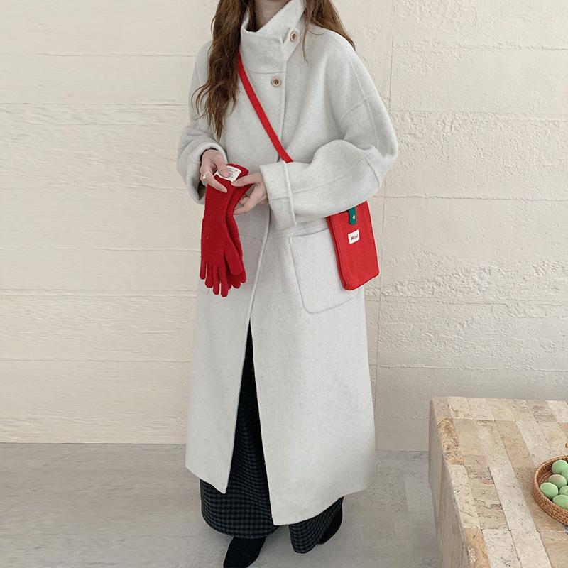 

Autumn and winter new high-end double-sided wool coat stand-up collar single-breasted loose woolen coat women M