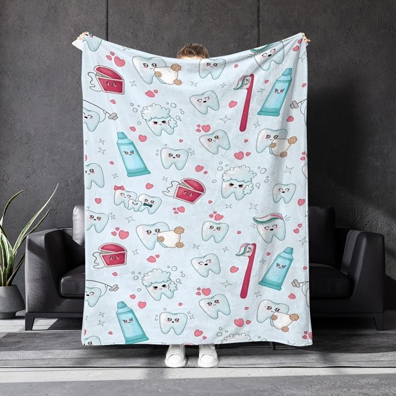 Newest Blanket Light Blue Cute Tooth Dental Care Print Flannel Blanket Kids Soft Warm Bedroom Throw Blanket