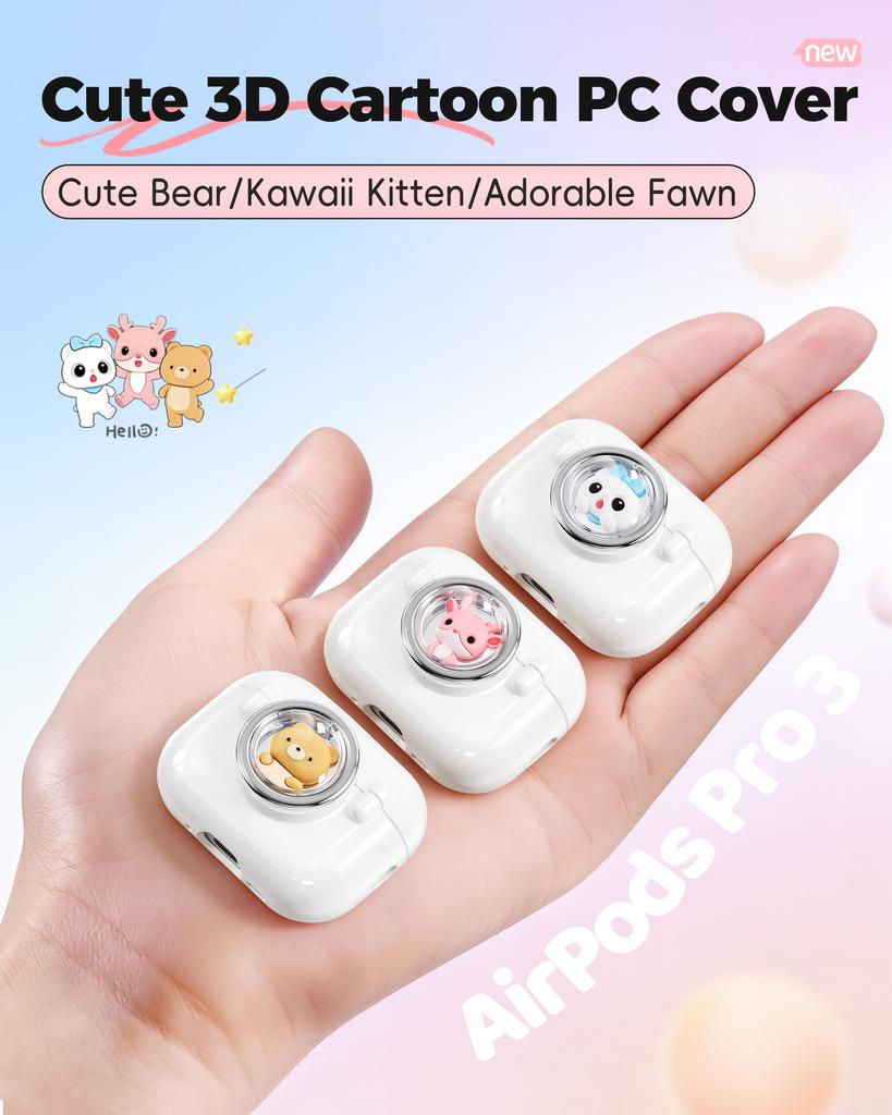 3D Cute Cartoon Case for AirPods Pro 3 Secure Lock Magnetic Pop Top PC Earphone Cover Shockproof Drop Protective Full Shell