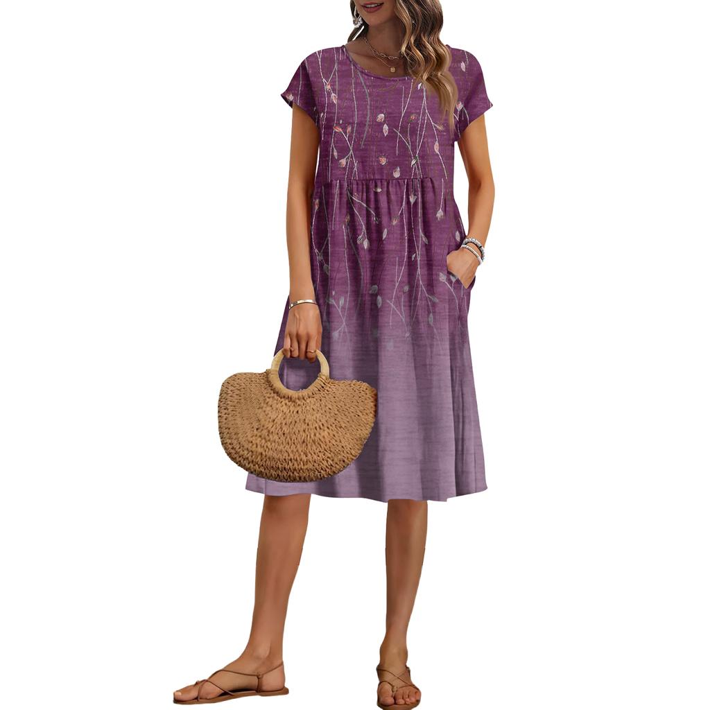 Damen Sommer Mode Lässig Rundhals Kurzarm Blumenmuster Kleid