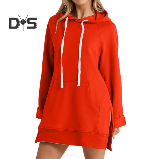 Женское платье с капюшоном, свободный однотонный цвет, с разрезом, завязками на талии, с большим карманом, с капюшоном, средней длины, для поездок на работу, свиданий, спортивная толстовка с капюшоном M оранжевый
