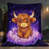 1pc Cute cartoon bull on cloud starry night sky purple background soft flannel blanket throw blanket cozy bedroom decor