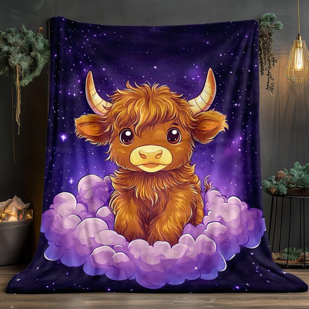 1pc Cute cartoon bull on cloud starry night sky purple background soft flannel blanket throw blanket cozy bedroom decor