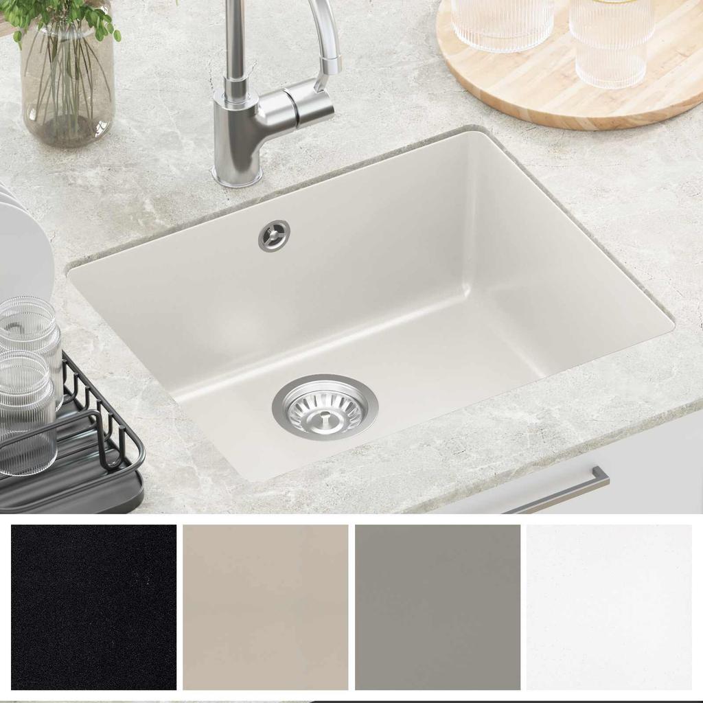 White Kitchen Sink 530 x 460 mm Made of 80percent Quartz and 20percent Resin