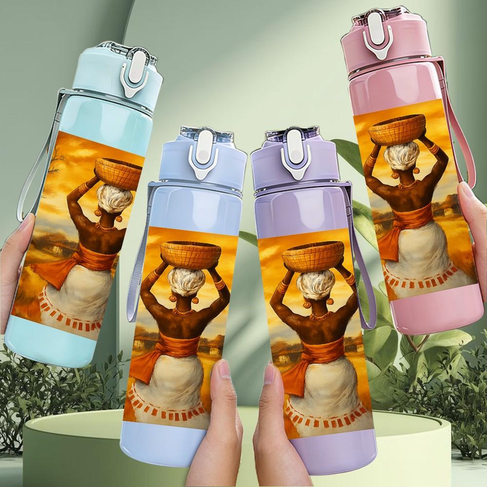 1PC African Woman Vase Head Art Print 750ml Color Plastic Sports Water Bottle Leakproof Flip Straw Lid Suitable for Sports Office Home Use