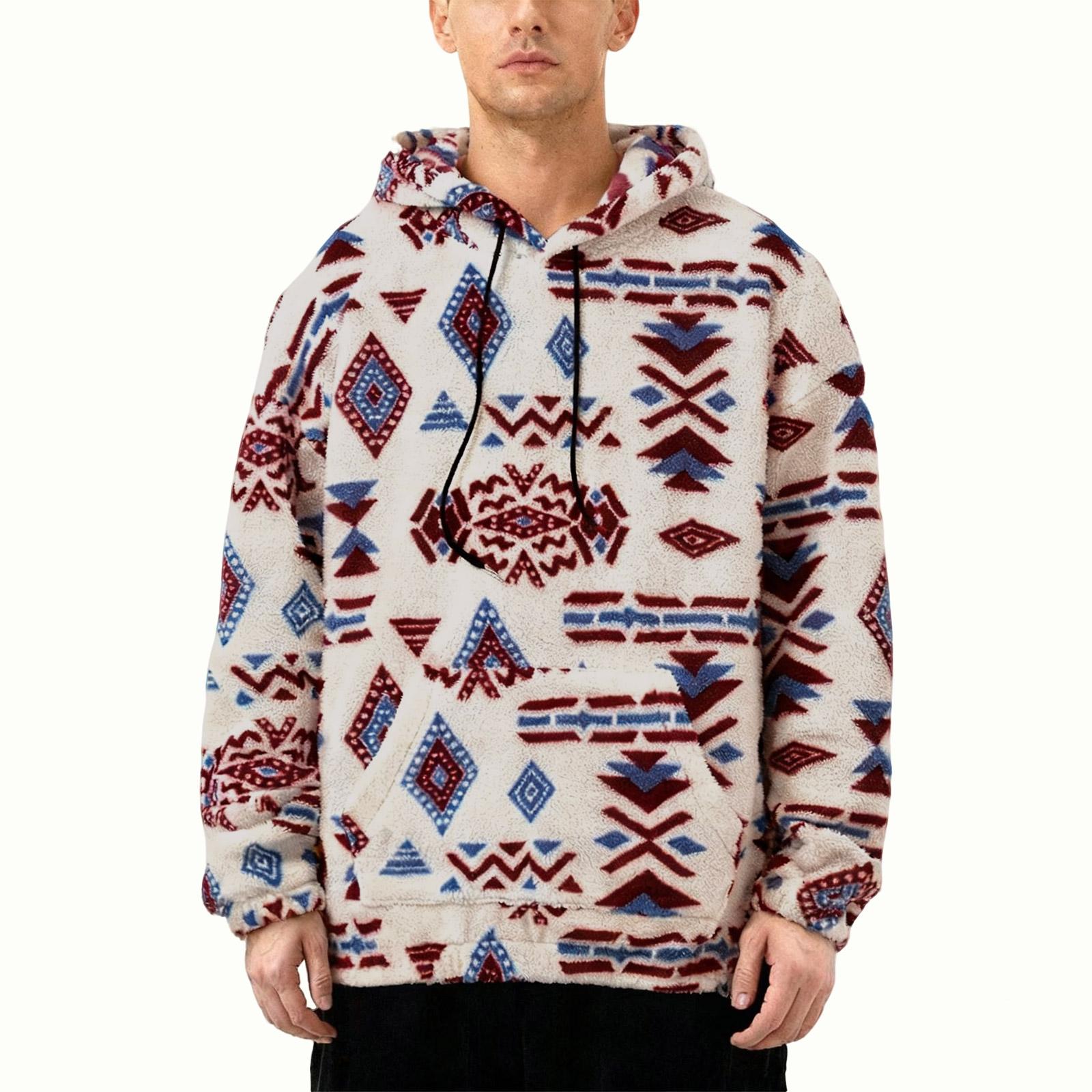 

Мужские худи в этническом стиле, контрастная отделка, карман, свободный пуловер, пушистое худи S белый