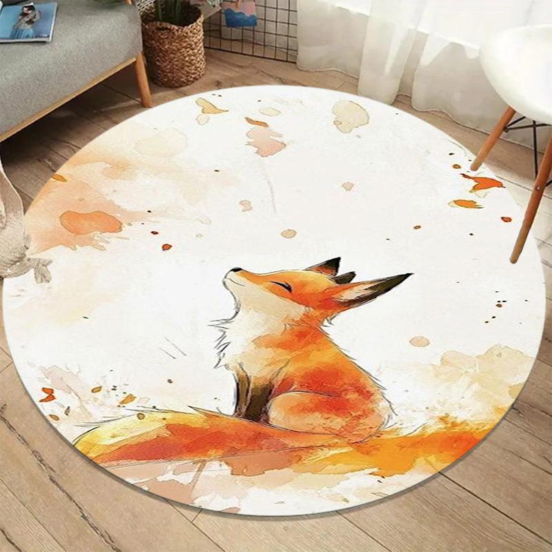 Cute Fox Round Carpet Watercolor Autumn Floral Pattern Rug for Living Room Bedroom Kids Room Soft Floor Mat Cozy Home Decoration