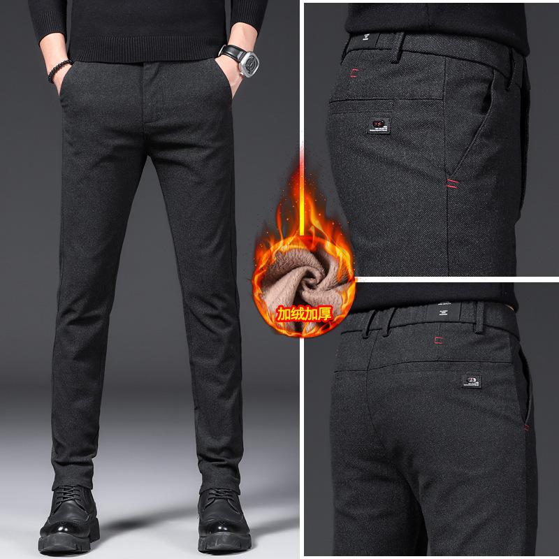 New Velvet Thickened Thermal Casual Pants Men's Straight Slim-fitting Cotton and Linen Polished Elastic Waist Men's Pants