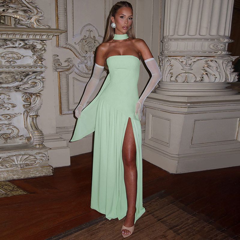 and American Cross-Border New Fashion Women's Clothing: Stylish and Elegant Strapless Slim-Fit Solid Color Slit Backless Dress with Elegant Ribbons