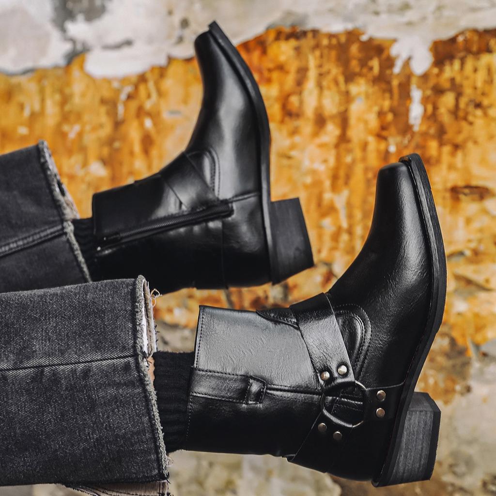 Men Pointed Toe Western Cowboy Boots Buckle Retro Block Heel Ankle Boots