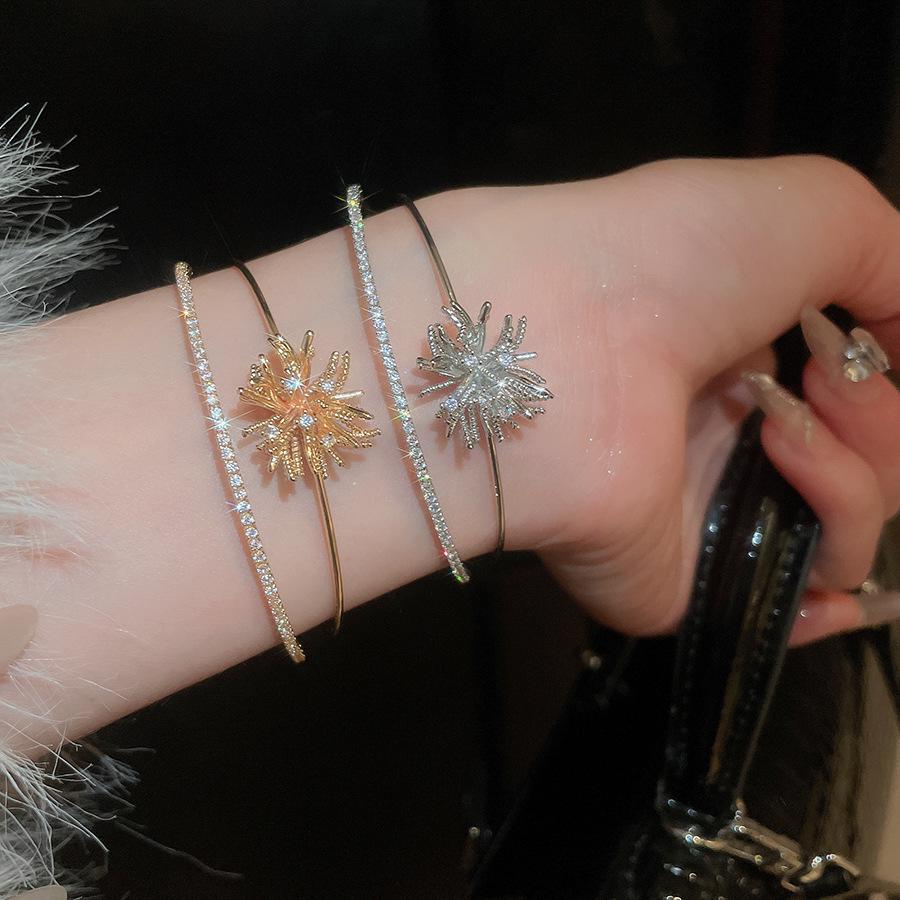 Zircon Flower Double Layer Open Bangle - Minimalist Luxury Bracelet