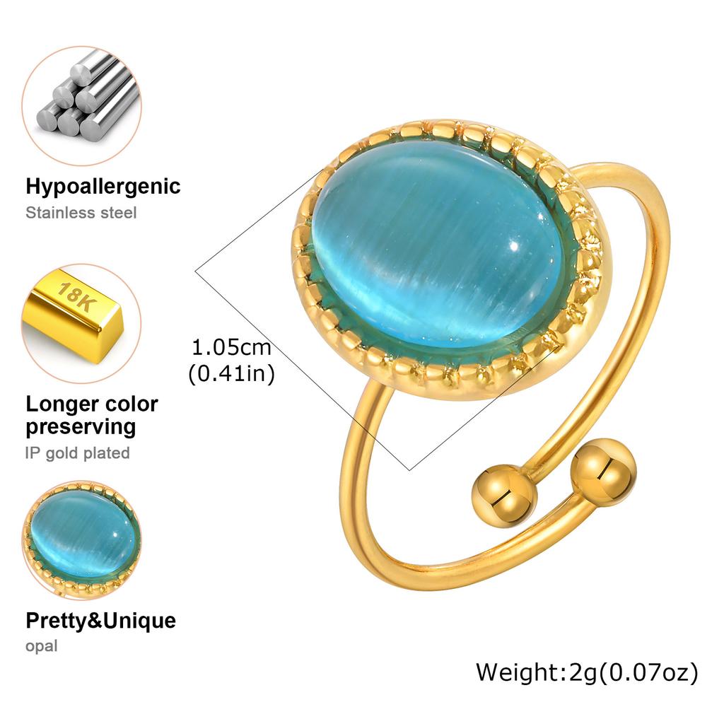 Chic Oval Light Blue Cat Eye Opening Ring,Gold Color Women's Stainless Steel Rings,Trendy Jewelry Mother's Day Gift
