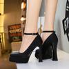 Wind round head satin word with high heels, light mouth waterproof table thick heel women's shoes, super high heel single shoes women