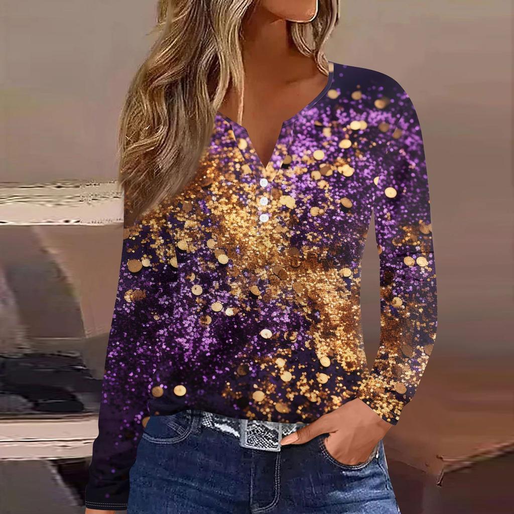 Damen T-Shirt mit Knopfleiste, langärmelig, für den Alltag, Wochenende, modisch, Basic, V-Ausschnitt, normales Oberteil