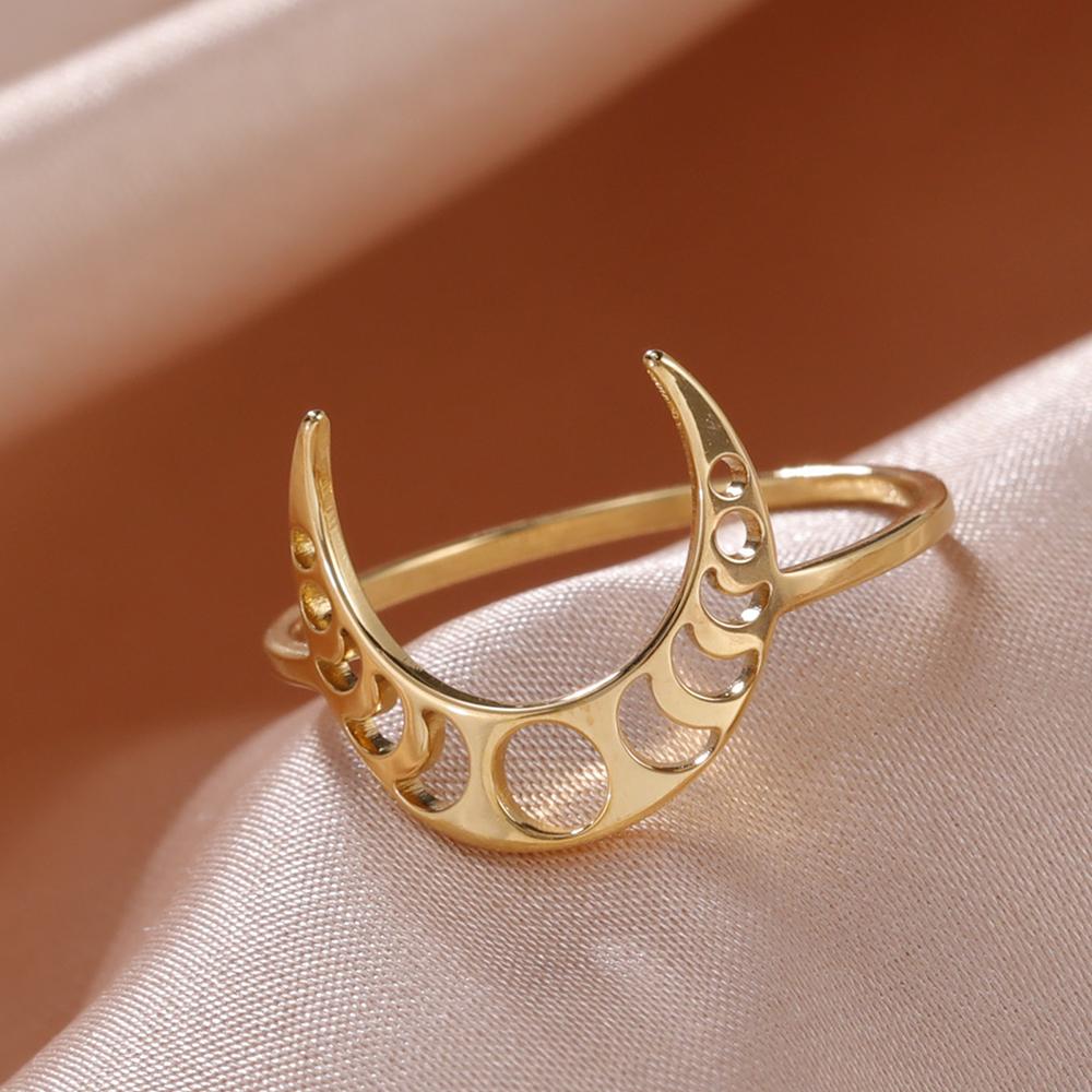 Dawapara Crescent Moon Fashion Women Ring Lunar Moon Phase Witch Stainless Steel Lucky Amulet Minimalist Jewelry