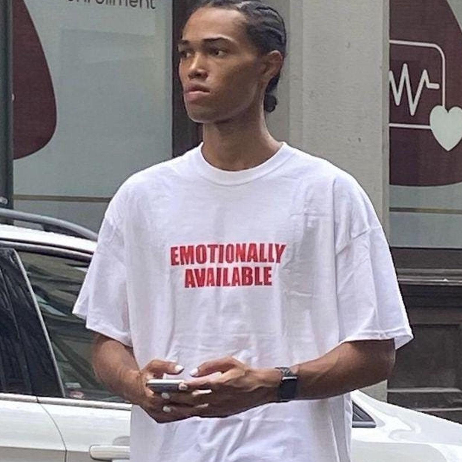 Emotionally Available T-Shirt – Y2K Meme Graphic Tee L