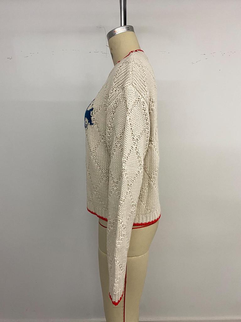 Women's Autumn/Winter Knit Jacquard Sweater - Round Neck, Color-Block Trim, Fish Design
