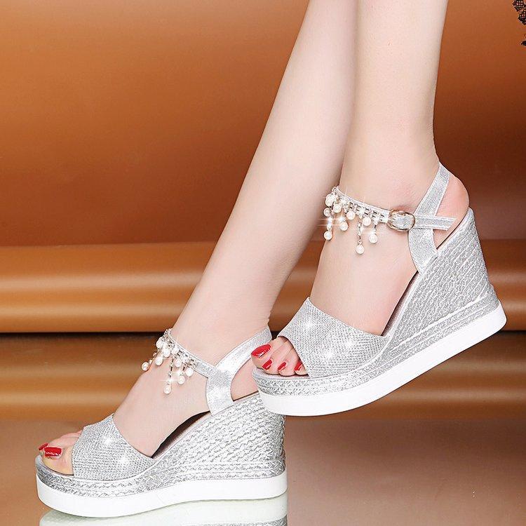 

Platform Sandals Summer Fashoin Wedge Bead Buckle Strap Peep Toe high heel Thick Bottom Casual Shoes Non-slip Sandalias De Mujer 41 серебряный