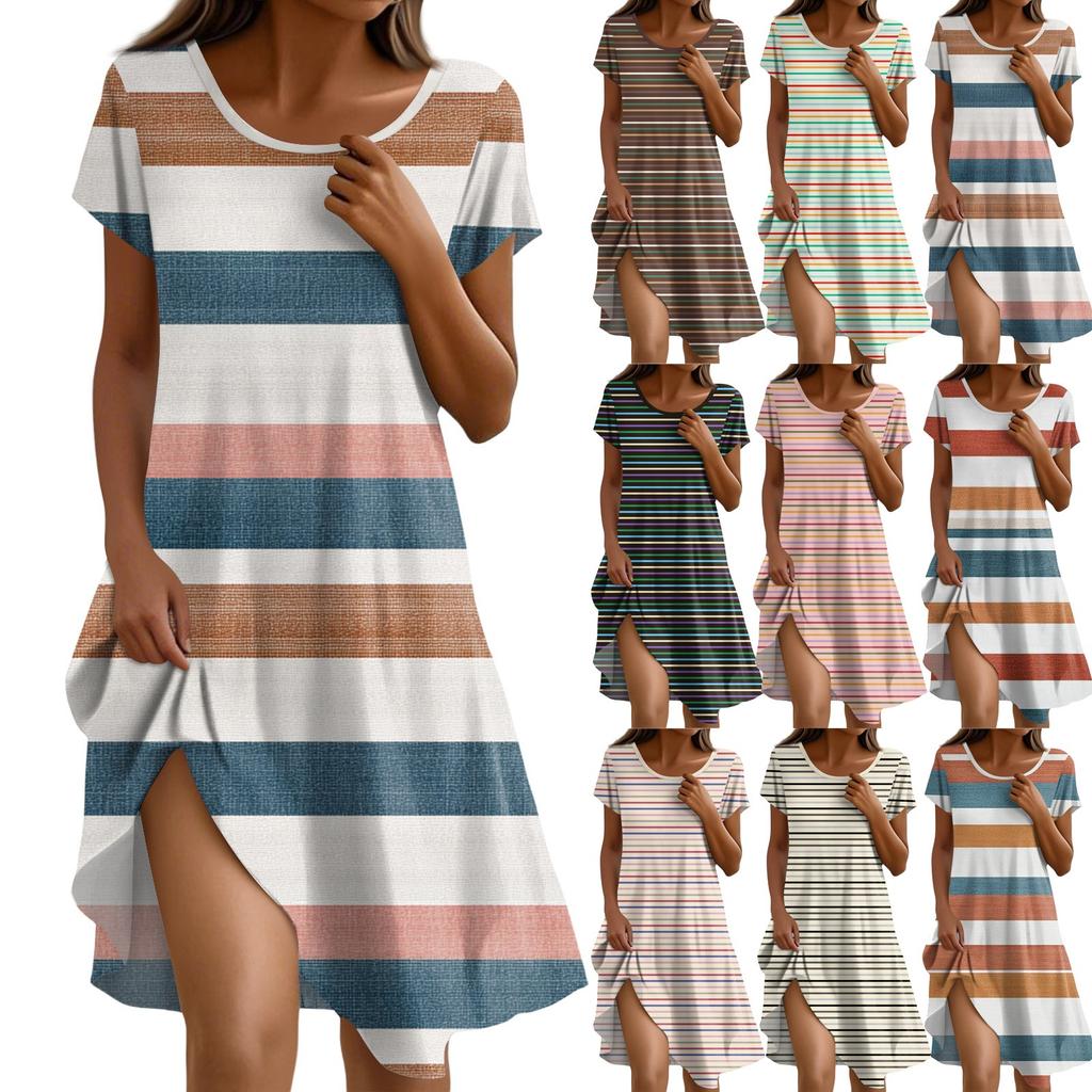 Kurzärmeliges Boho-Kleid für Damen, lässig, lockere Passform, Sommerkleid mit Print, Rundhalsausschnitt, mit Taschen