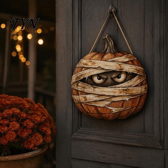 Autumn Theme Room Furnishings Halloween Mummy Pumpkin Hanging Sign, Retro Wooden Pendant with Ghost Wall Decor Hemp Rope for Front Door Entrance Party