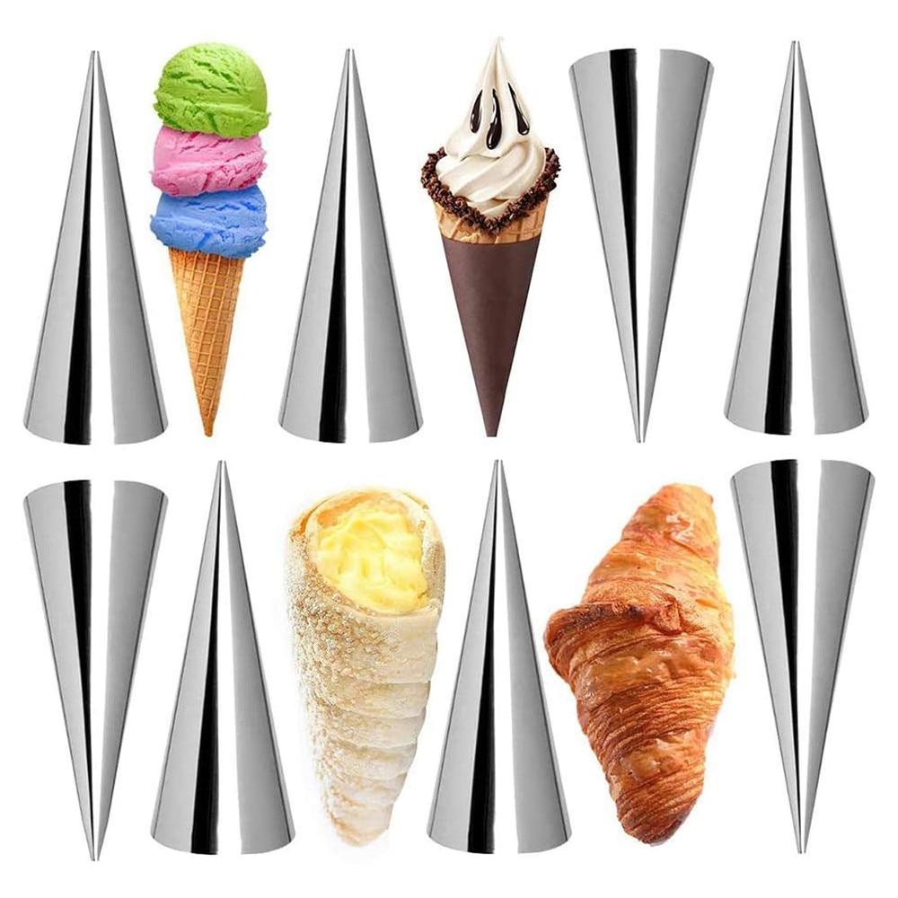 BOMSTOM 10-Piece Cone Shape Cake Roll Molds, Stainless Steel Cylinder Roll Formers, Silver Baking Tools