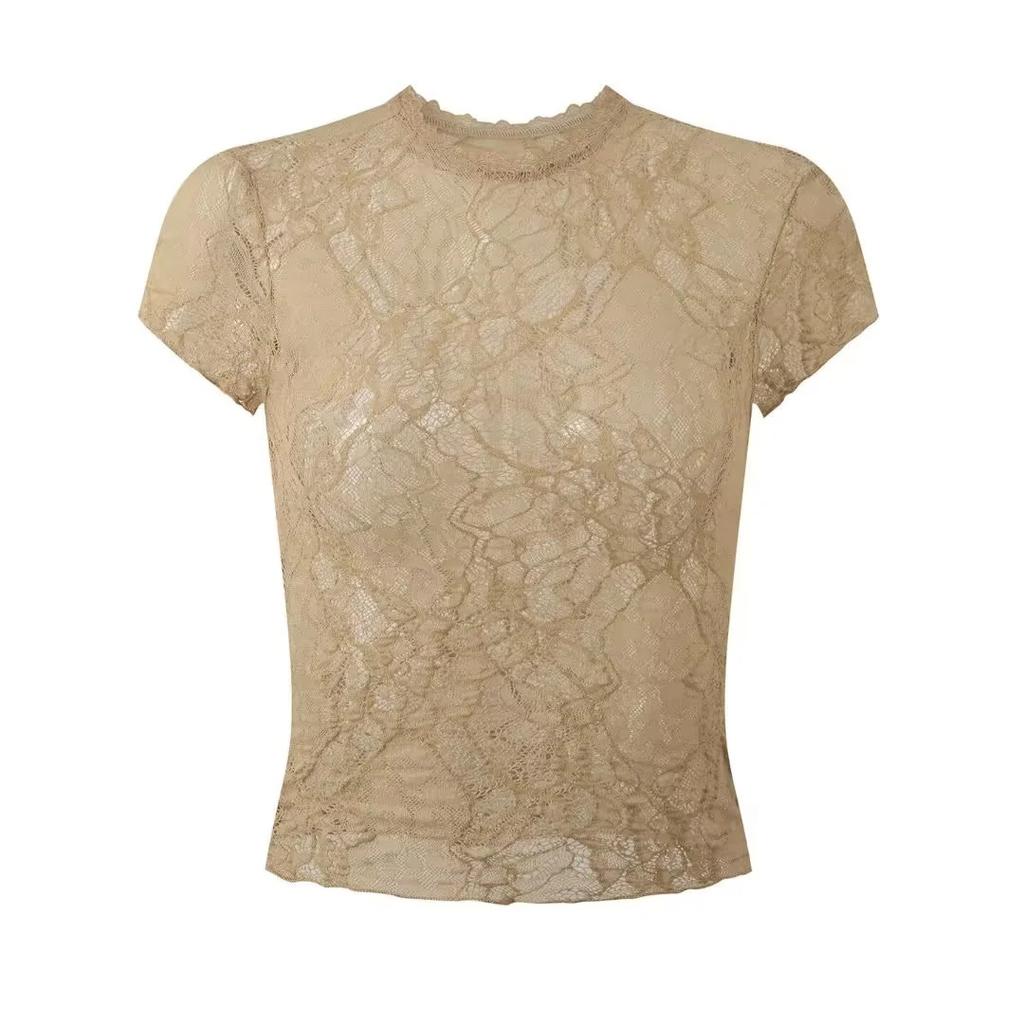 Crew Neck Lace Short-sleeved T-shirt Women's Summer New American Spice Girl Style Solid Color Slightly Transparent Slim-fitting Bottoming Top