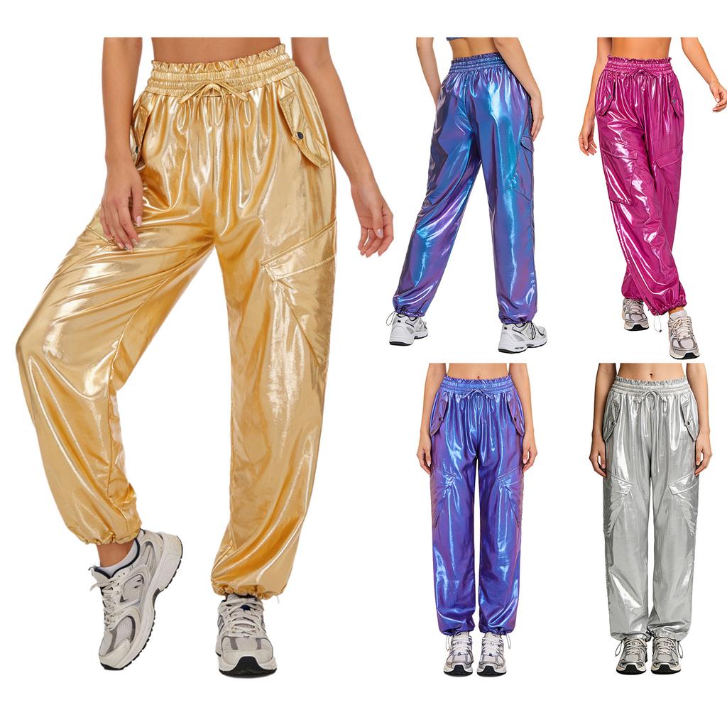 Shiny Metallic Cargo Pants for Women Elastic Waistband with Ruffle Trim Multiple Pockets Jogger Style for Hip Hop Music Stage Outfit