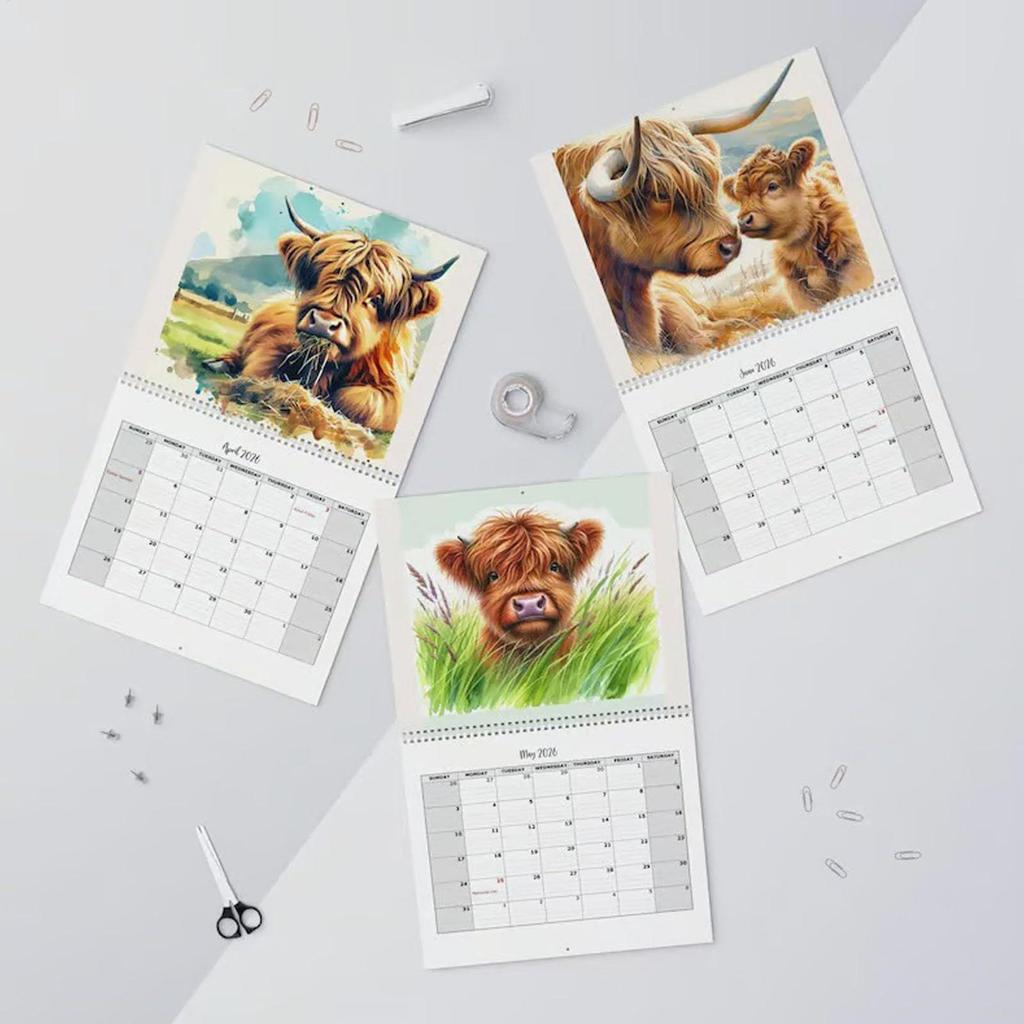 2026 Wall Calendar Highland Cattle Calendar Funny Highland Cow Thick Paper Monthly Planner Home Wall Decorations New Year Gifts