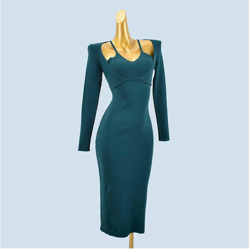 Elegant Socialite Fake Two-Piece Sexy Strapless Suspenders Long Sleeves Silm Soft Glutinous Knitting Sweater Hip Length Dress Women