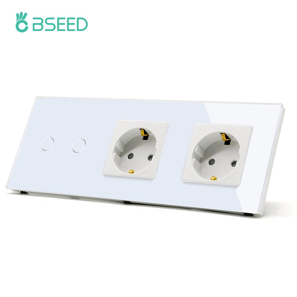 BSEED Touch Sensor Switch 1/2/3Gang 1Way Wall Light Switches Crystal Glass Switch With Double Power Sockets EU Standard