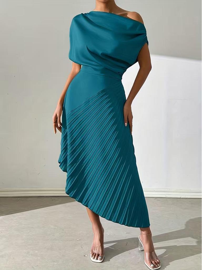Asymmetrical Shoulder Gold Foil Pleated Dress for Women