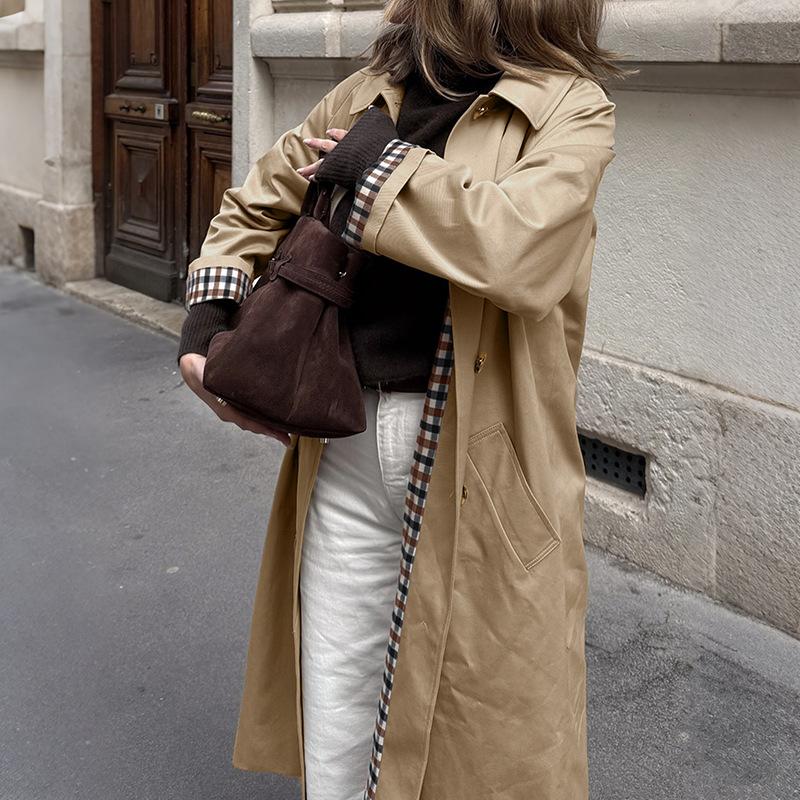 Long Trench Coat for Women Winter Single Breasted Plaid Patchwork Overcoat Casual Windproof Lapel Jacket with Pocket