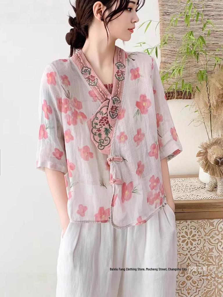 2026 Summer Women's V-Neck Retro Chinese-Style Ramie Shirt with Frog Buttons and Embroidered Prints