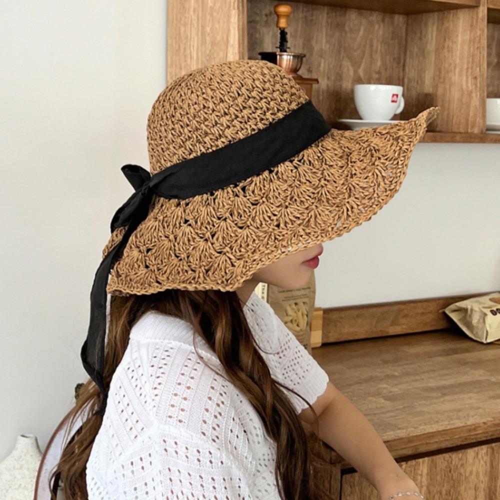 

Bow Big Brim Beach Cap Polyester Sun Hat Panama Hat Straw Hat Women