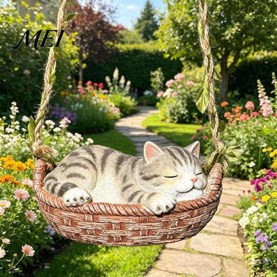 Decorative Vine Rope Cat Craft Hanging Basket Statue, Cute Sleeping Kitten Figurine, Outdoor Resin Ornament for Garden Patio Porch Decoration