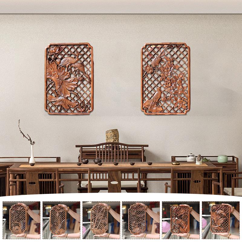 Chinese Classical Hollow Wood Carving Crafts Camphor Wood Carving Plum Blossoms Orchid  Background Wall Hanging Decor Ornaments