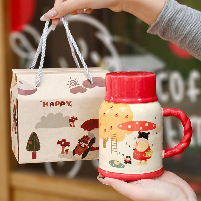Cute high-value milk fufu kettle girls large-capacity ceramic mug with lid spoon birthday gift souvenir